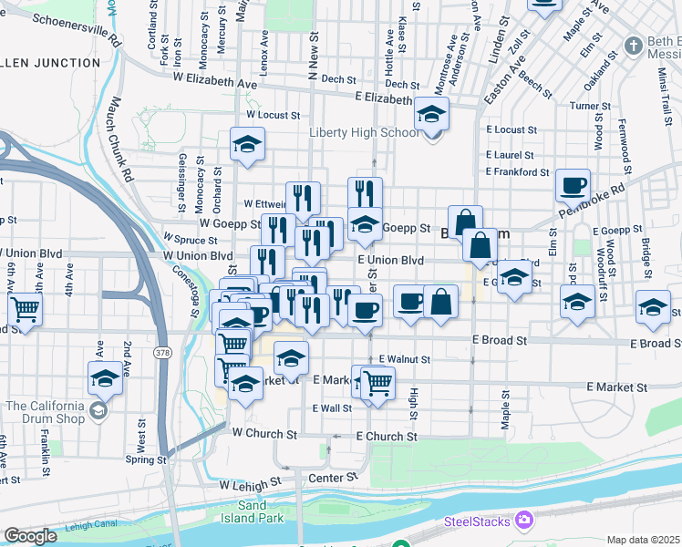 map of restaurants, bars, coffee shops, grocery stores, and more near 39 East Garrison Street in Bethlehem