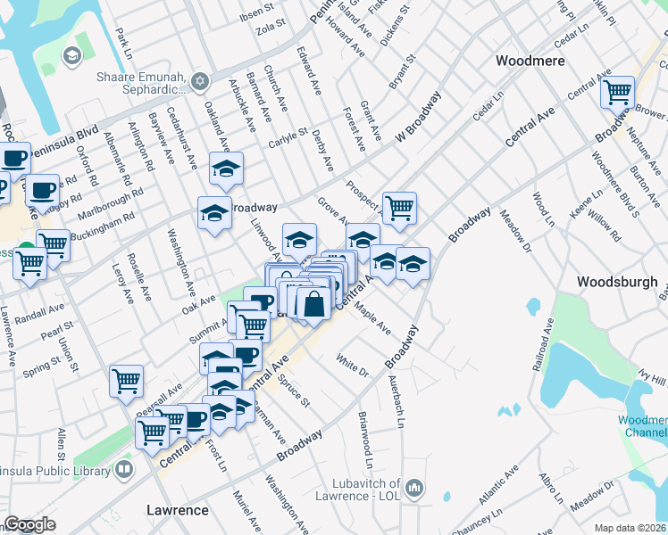 map of restaurants, bars, coffee shops, grocery stores, and more near 601 Chestnut Street in Cedarhurst