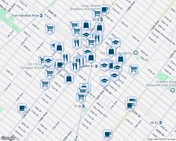 map of restaurants, bars, coffee shops, grocery stores, and more near 1436 64th Street in Brooklyn