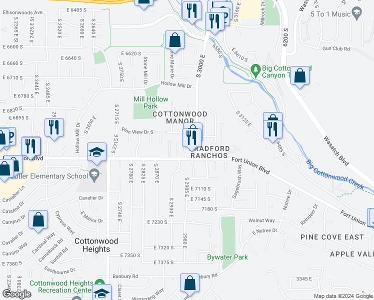 map of restaurants, bars, coffee shops, grocery stores, and more near 6971 Canyon Pines Circle in Cottonwood Heights