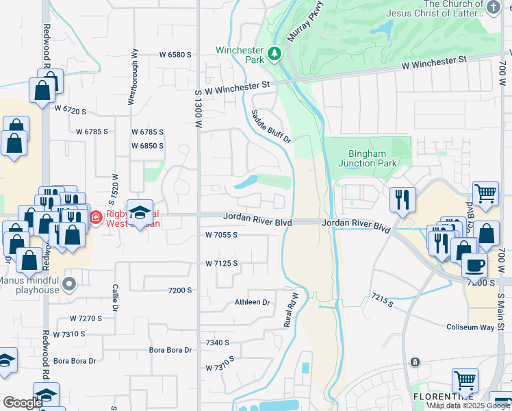 map of restaurants, bars, coffee shops, grocery stores, and more near 1132 West Old Hollow Way in West Jordan