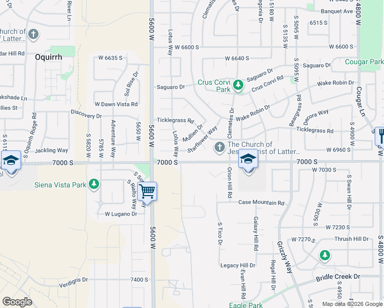 map of restaurants, bars, coffee shops, grocery stores, and more near 5471 Starflower Way in West Jordan