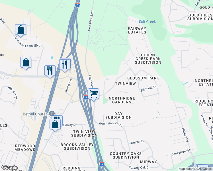 map of restaurants, bars, coffee shops, grocery stores, and more near 5546-5556 Diamond Ridge Drive in Redding
