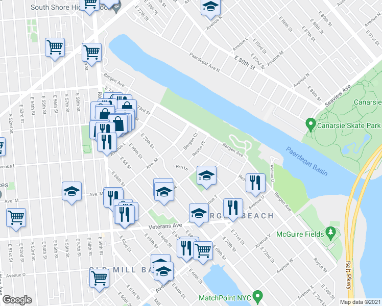 map of restaurants, bars, coffee shops, grocery stores, and more near 7206 Bergen Court in Brooklyn
