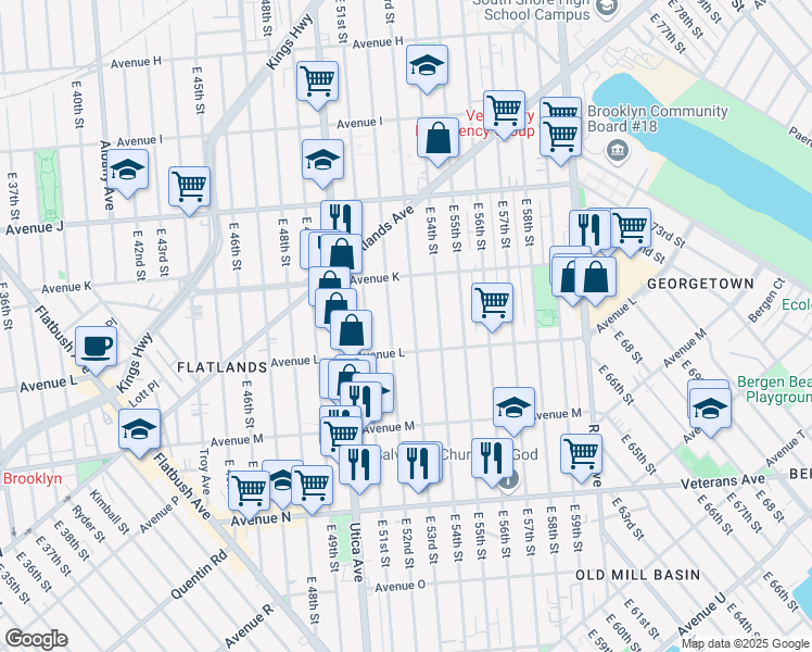 map of restaurants, bars, coffee shops, grocery stores, and more near 1397 East 53rd Street in Brooklyn