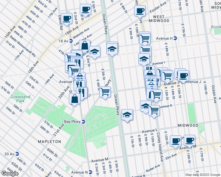 map of restaurants, bars, coffee shops, grocery stores, and more near 1000 Ocean Parkway Service Road in Brooklyn