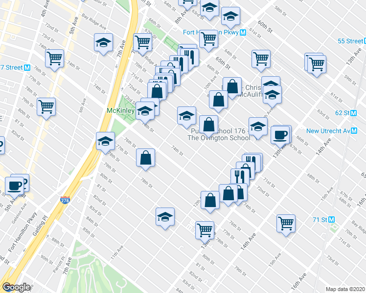 map of restaurants, bars, coffee shops, grocery stores, and more near 1056 73rd Street in Brooklyn