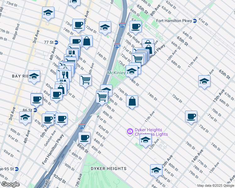 map of restaurants, bars, coffee shops, grocery stores, and more near 913 77th Street in Brooklyn