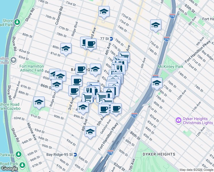 map of restaurants, bars, coffee shops, grocery stores, and more near 439 83rd Street in Brooklyn