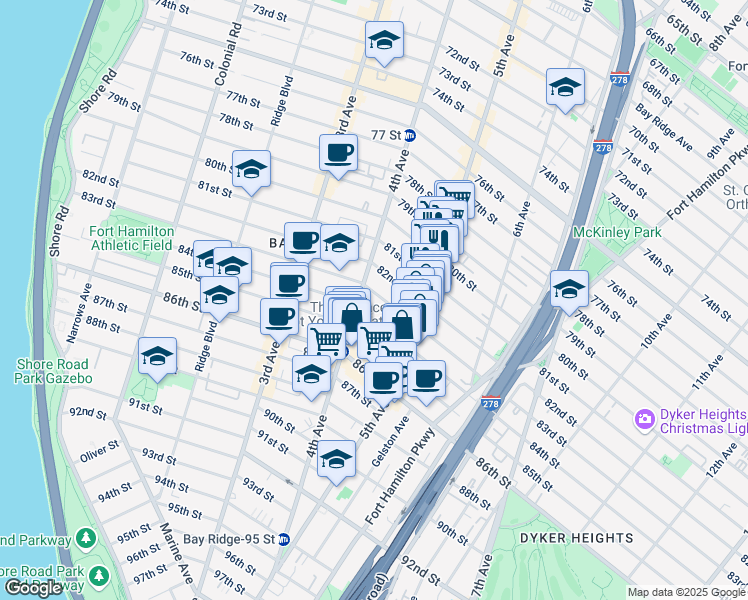 map of restaurants, bars, coffee shops, grocery stores, and more near 439 83rd Street in Brooklyn