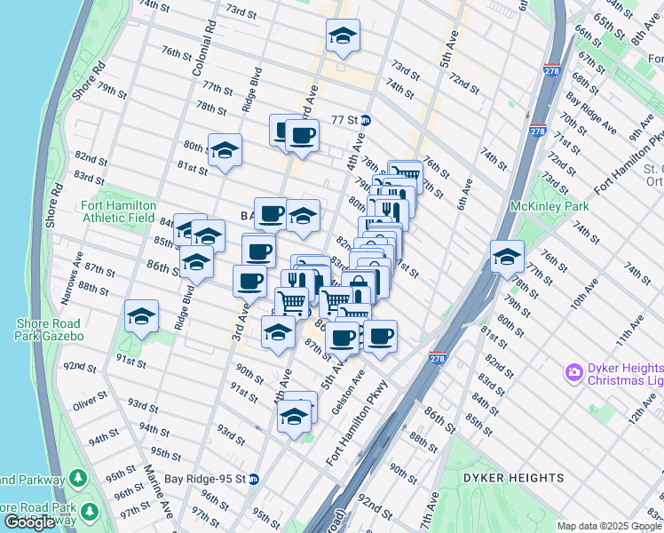 map of restaurants, bars, coffee shops, grocery stores, and more near 439 83rd Street in Brooklyn