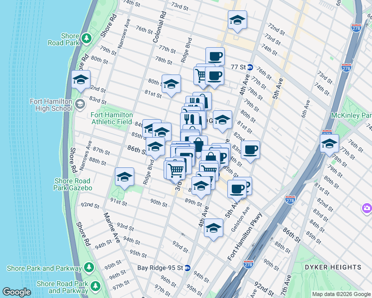 map of restaurants, bars, coffee shops, grocery stores, and more near in Brooklyn