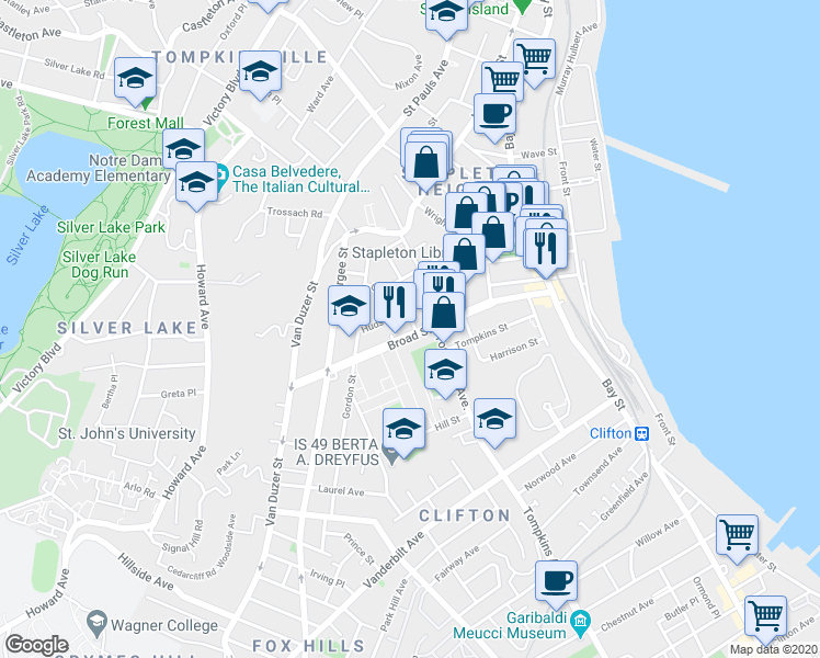 map of restaurants, bars, coffee shops, grocery stores, and more near 171 Broad Street in Staten Island