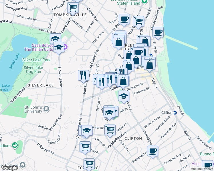 map of restaurants, bars, coffee shops, grocery stores, and more near 40 Hudson Street in Staten Island