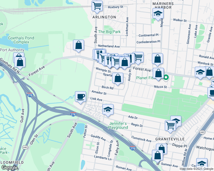 map of restaurants, bars, coffee shops, grocery stores, and more near 69 Birch Road in Staten Island