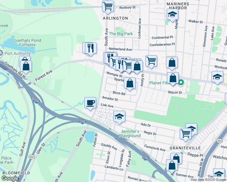 map of restaurants, bars, coffee shops, grocery stores, and more near 115 Birch Road in Staten Island