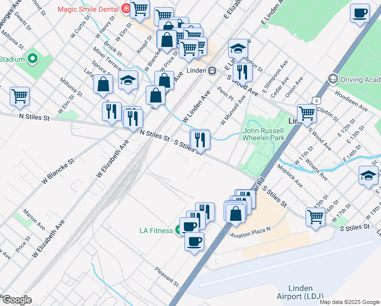 map of restaurants, bars, coffee shops, grocery stores, and more near 202 South Stiles Street in Linden