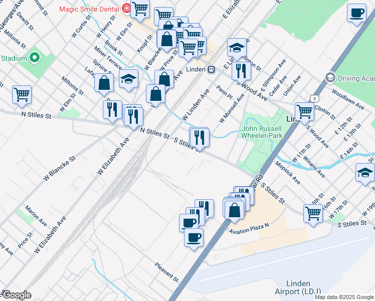 map of restaurants, bars, coffee shops, grocery stores, and more near 202 South Stiles Street in Linden