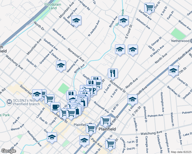 map of restaurants, bars, coffee shops, grocery stores, and more near 421 Brook Court in Plainfield