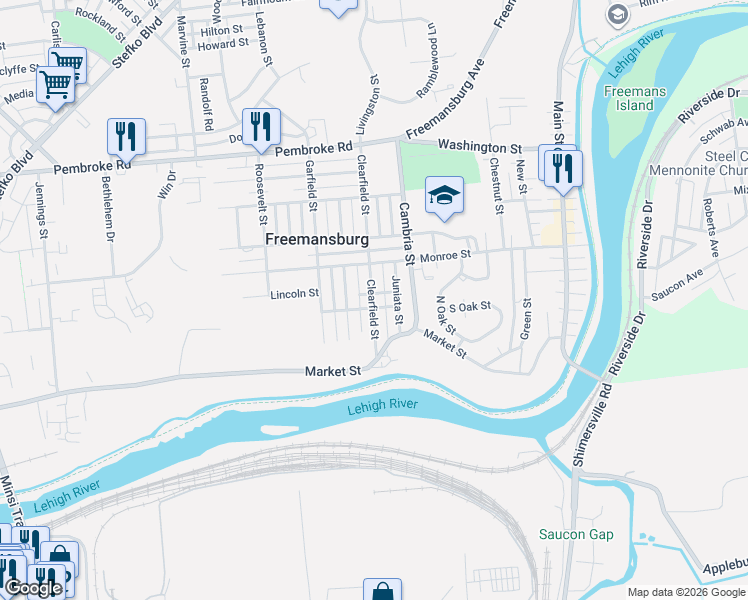 map of restaurants, bars, coffee shops, grocery stores, and more near 208 Clearfield Street in Freemansburg
