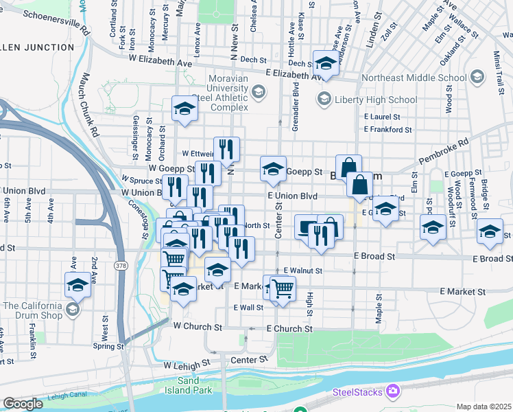 map of restaurants, bars, coffee shops, grocery stores, and more near 47 East Garrison Street in Bethlehem