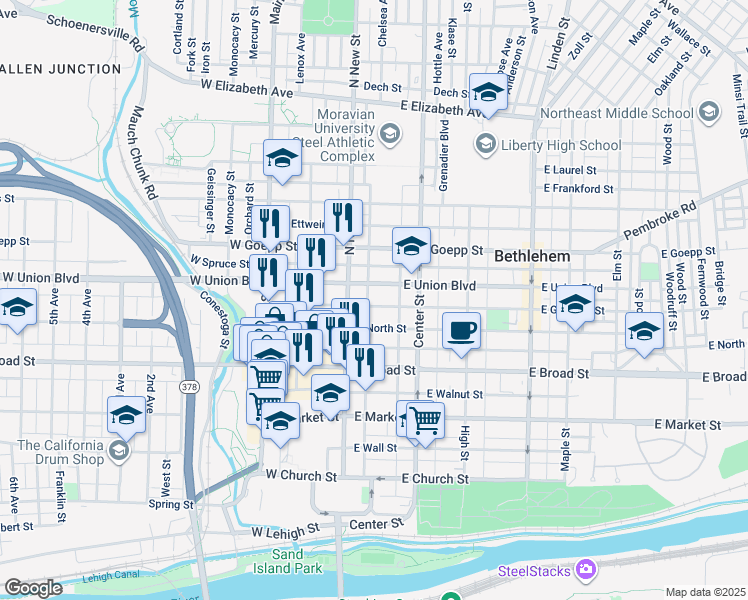 map of restaurants, bars, coffee shops, grocery stores, and more near 728 North New Street in Bethlehem