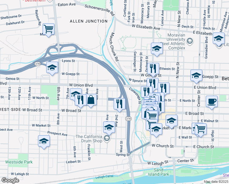 map of restaurants, bars, coffee shops, grocery stores, and more near 725 2nd Avenue in Bethlehem