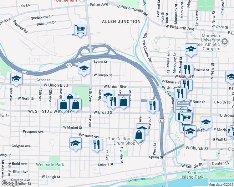 map of restaurants, bars, coffee shops, grocery stores, and more near 719 5th Avenue in Bethlehem