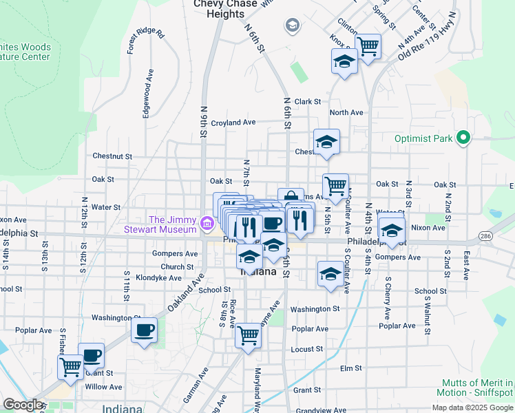 map of restaurants, bars, coffee shops, grocery stores, and more near 635 Water Street in Indiana