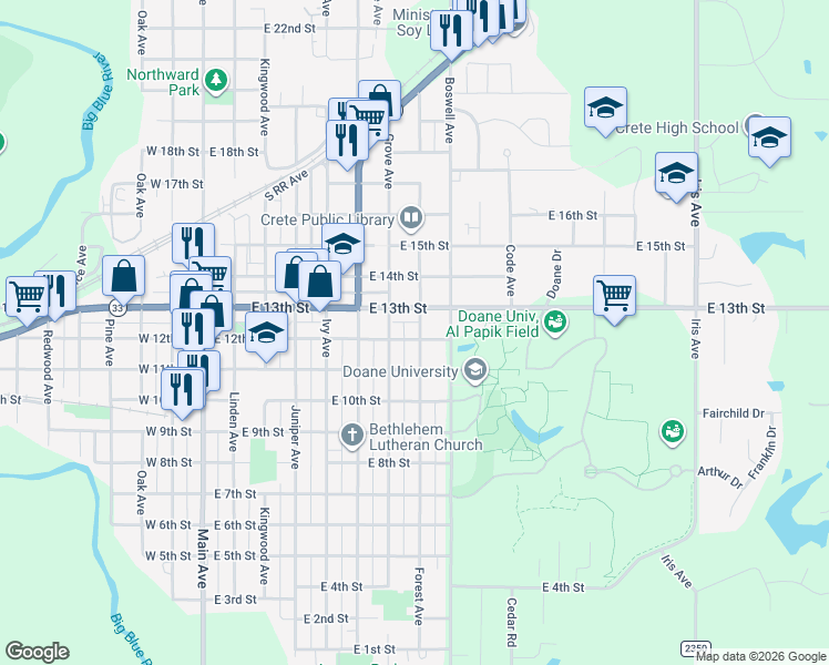 map of restaurants, bars, coffee shops, grocery stores, and more near 1210 Grove Avenue in Crete