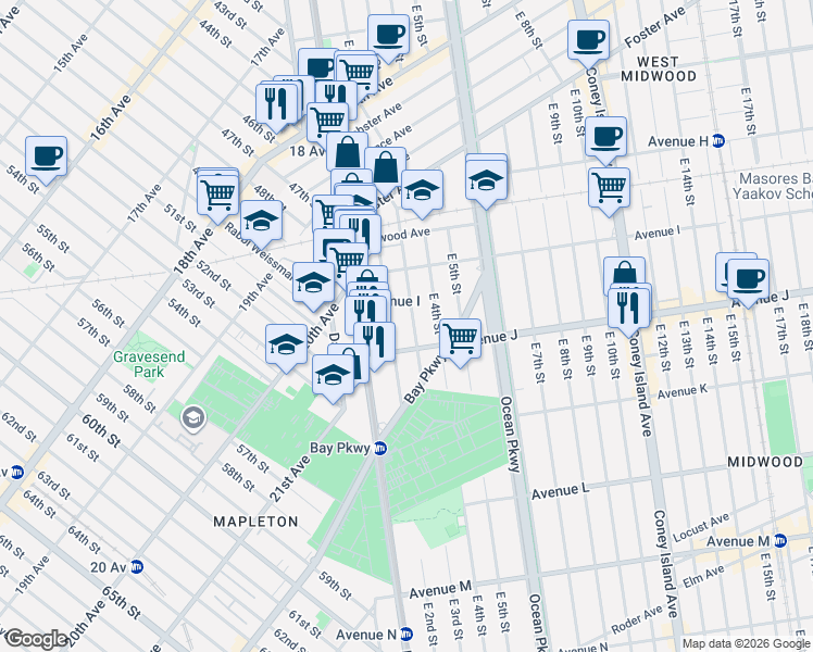 map of restaurants, bars, coffee shops, grocery stores, and more near 1092 East 3rd Street in Brooklyn