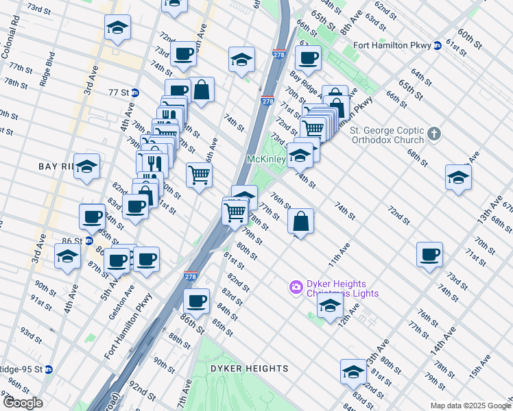 map of restaurants, bars, coffee shops, grocery stores, and more near 913 77th Street in Brooklyn