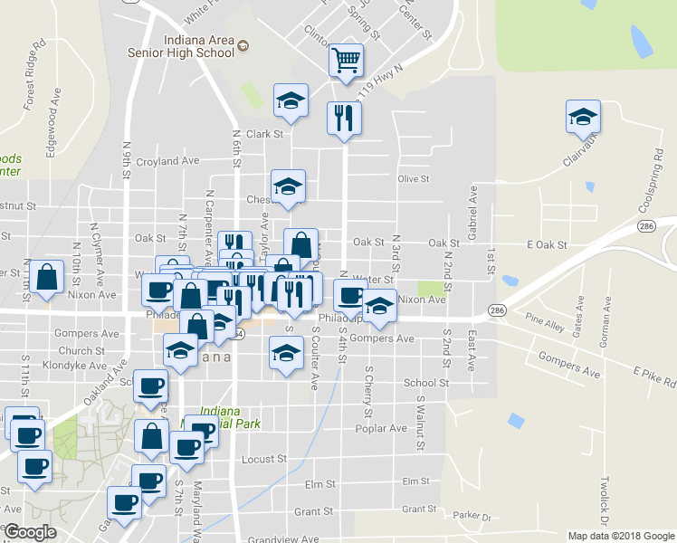 map of restaurants, bars, coffee shops, grocery stores, and more near 405 Water Street in Indiana