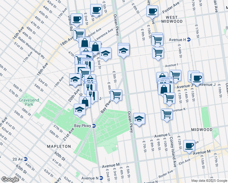 map of restaurants, bars, coffee shops, grocery stores, and more near 4707 Bay Parkway in Brooklyn