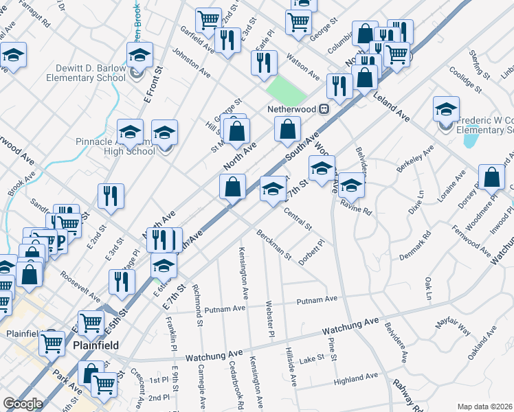 map of restaurants, bars, coffee shops, grocery stores, and more near 724 East 6th Street in Plainfield
