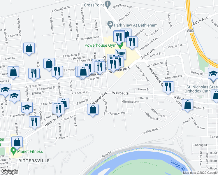 map of restaurants, bars, coffee shops, grocery stores, and more near 1 Club Avenue in Bethlehem