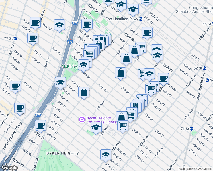 map of restaurants, bars, coffee shops, grocery stores, and more near 1052 73rd Street in Brooklyn