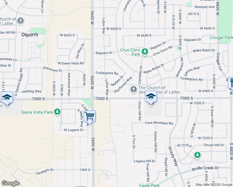 map of restaurants, bars, coffee shops, grocery stores, and more near 5471 Starflower Way in West Jordan