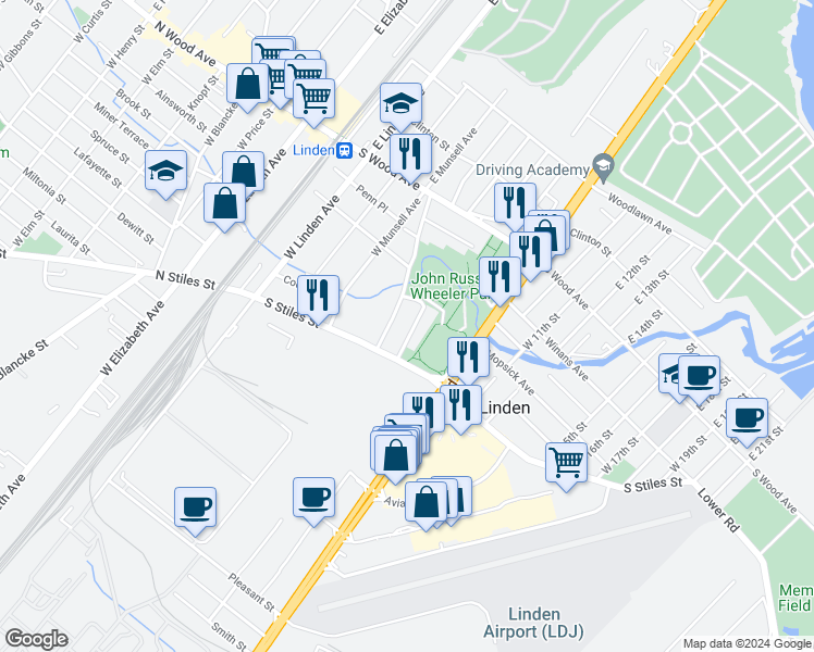 map of restaurants, bars, coffee shops, grocery stores, and more near 316 Kennedy Drive in Linden
