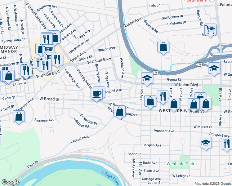 map of restaurants, bars, coffee shops, grocery stores, and more near 1819 Richmond Avenue in Bethlehem