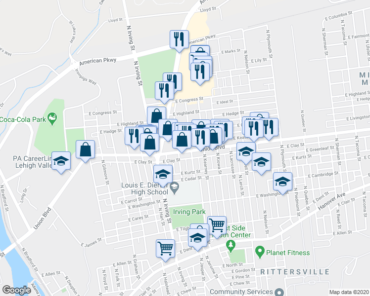 map of restaurants, bars, coffee shops, grocery stores, and more near 1015 Union Boulevard in Allentown