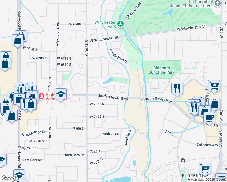 map of restaurants, bars, coffee shops, grocery stores, and more near 1132 West Old Hollow Way in West Jordan