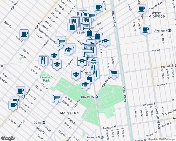 map of restaurants, bars, coffee shops, grocery stores, and more near 955 Dahill Road in Brooklyn