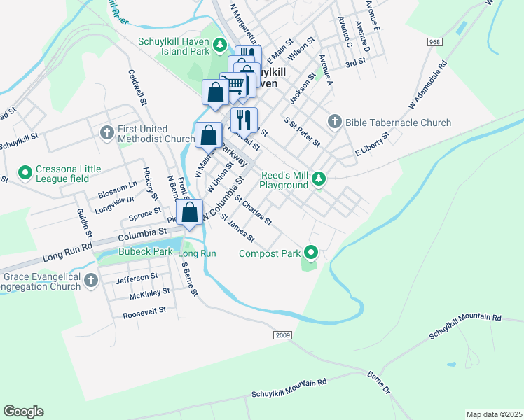 map of restaurants, bars, coffee shops, grocery stores, and more near 142 W Penn St in Schuylkill Haven
