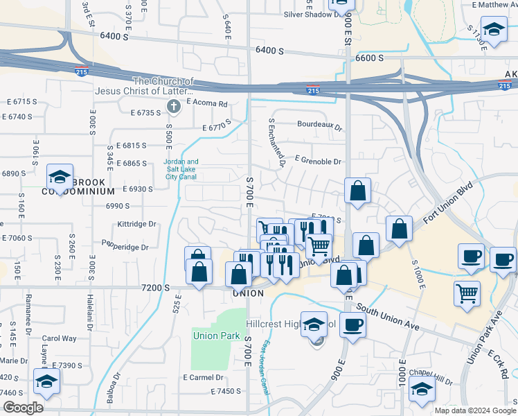 map of restaurants, bars, coffee shops, grocery stores, and more near 6965 South 700 East in Midvale
