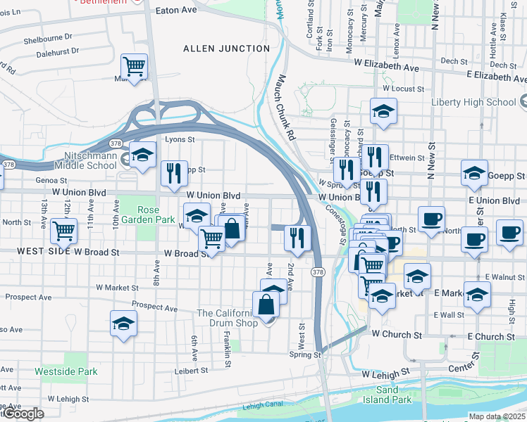 map of restaurants, bars, coffee shops, grocery stores, and more near 723 3rd Ave in Bethlehem
