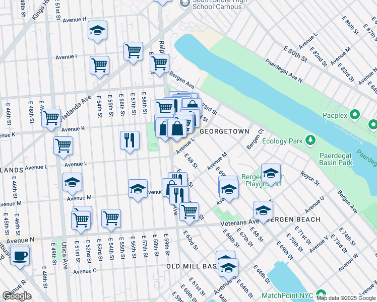 map of restaurants, bars, coffee shops, grocery stores, and more near 6628 Avenue L in Brooklyn