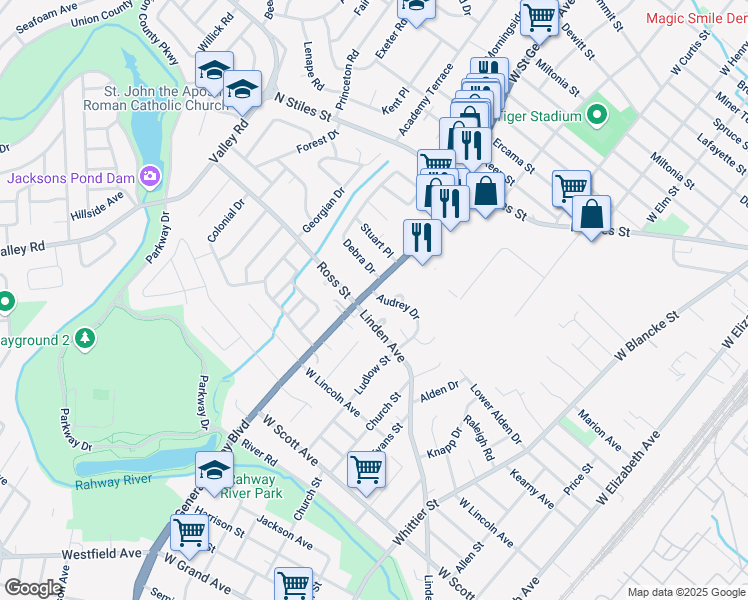 map of restaurants, bars, coffee shops, grocery stores, and more near 2423 Saint Georges Avenue in Rahway