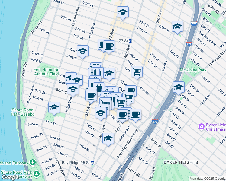 map of restaurants, bars, coffee shops, grocery stores, and more near 383 84th Street in Brooklyn