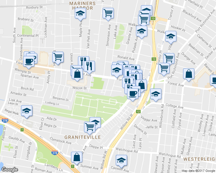map of restaurants, bars, coffee shops, grocery stores, and more near 33 Eunice Pl in Staten Island